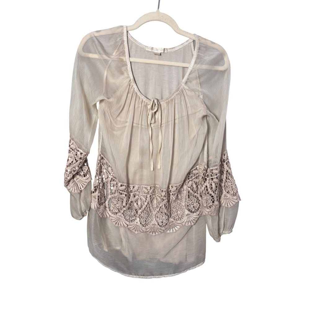 Boston Proper Women Tunic XS Beige Crochet Lace Bell Sleeve Boho Ethereal